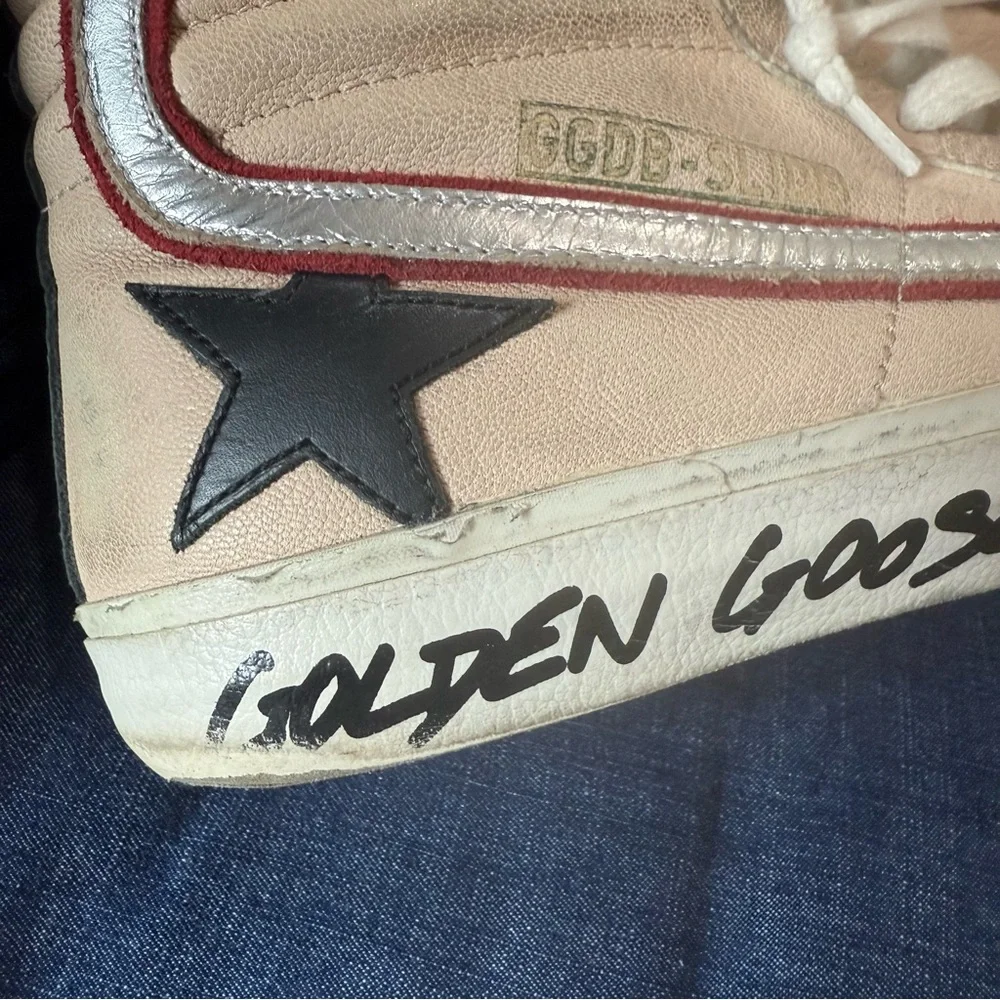 Golden Goose Beige High-Top Sneakers with Red & Silver Accents